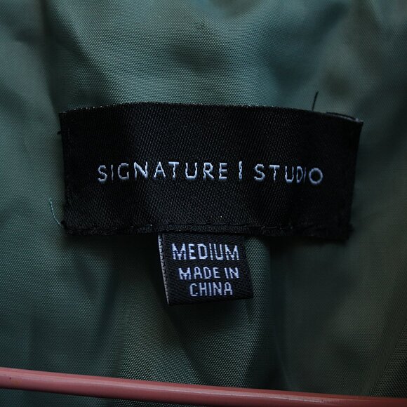 'Signature Studio' faux leather teal band collar zippered sleek jacket - Picture 6 of 7